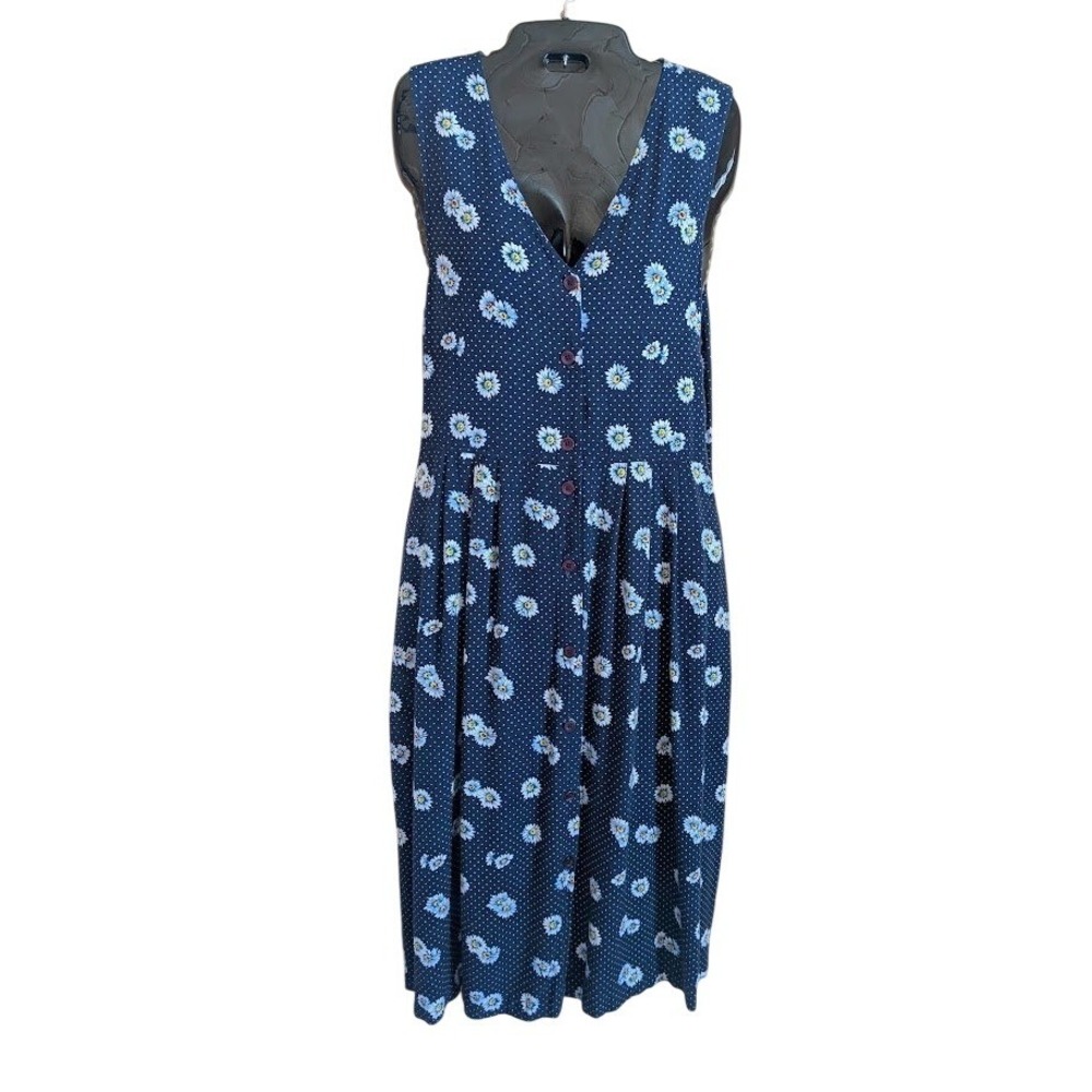 Vintage Midi Dress 10 Daisy Polka Dot Button Front 90s Cottagecore Modest Comfy